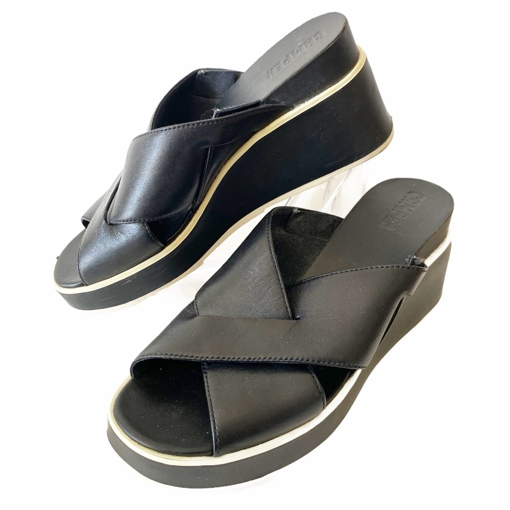 Camper Leather Platform Criss-Cross Vamp Mule Sandals White Pin-Stripe Detail